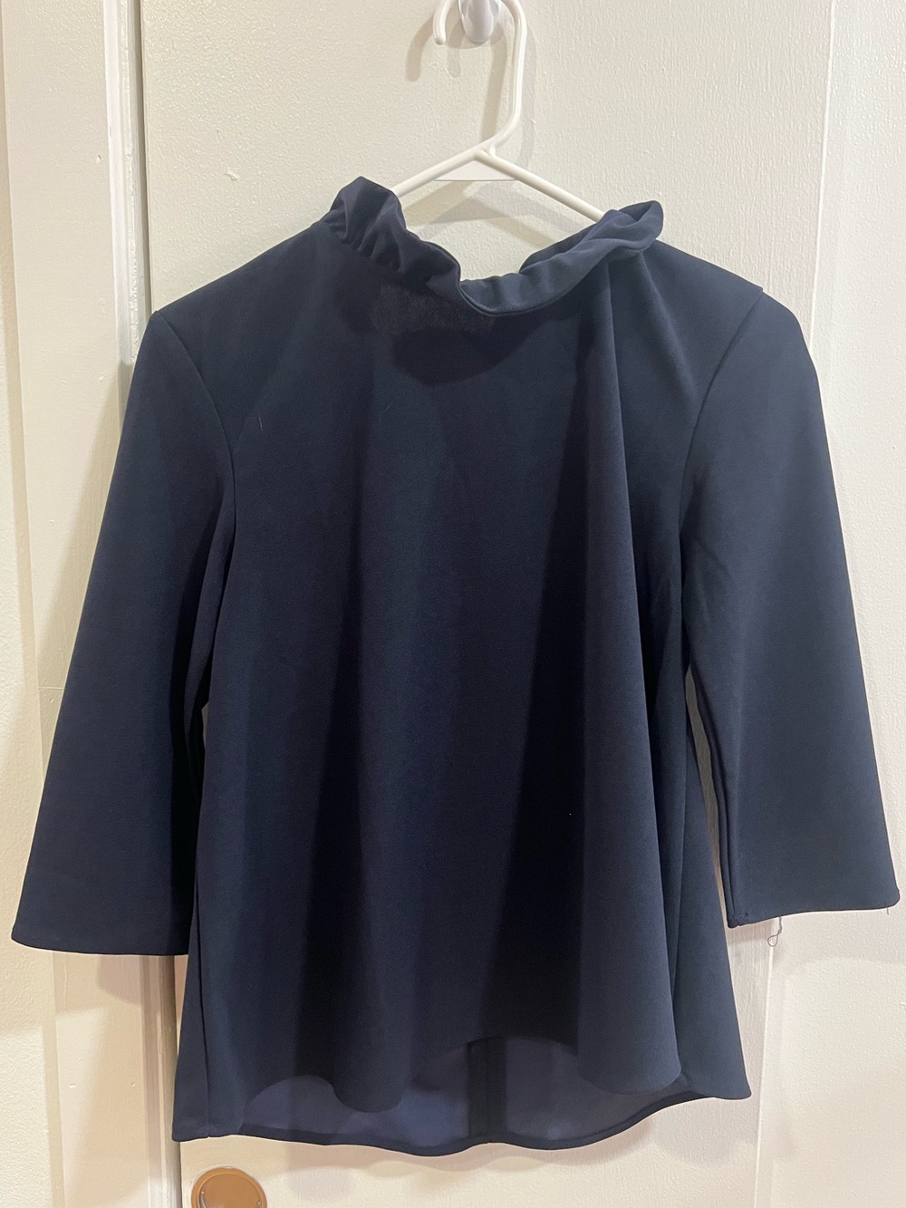 Pomander Place Navy Ruffle Collar Blouse